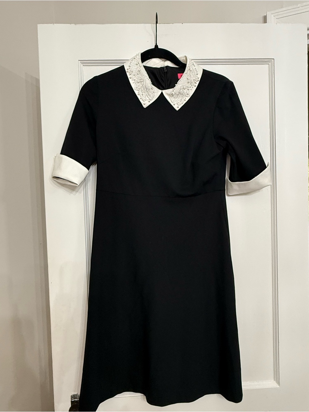 Vintage Betsey Johnson Beaded Contrast Collar Mini Dress – Black / White, Size 4